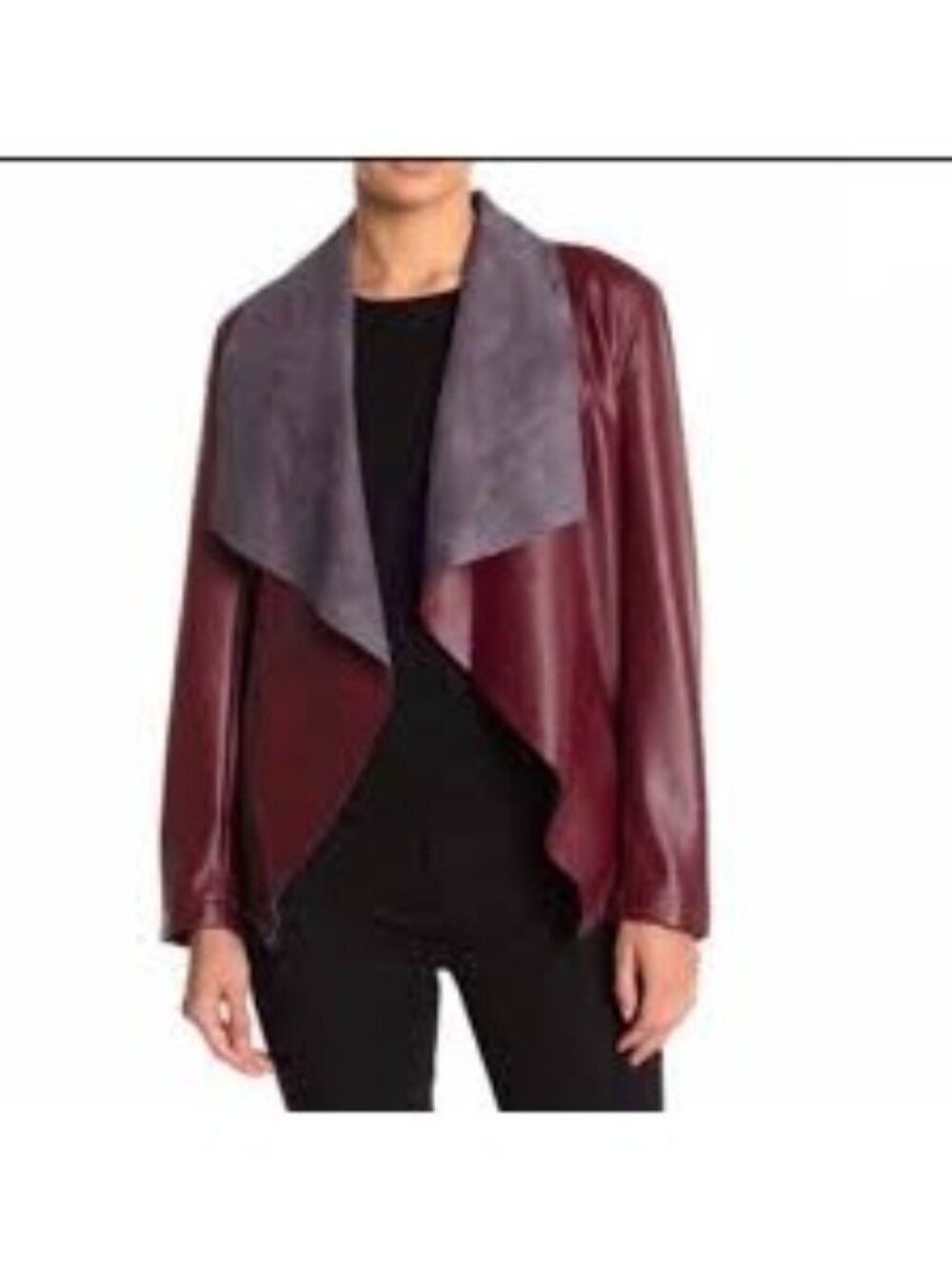 Tahari Oxblood Red Faux Leather Drape Front Jacket Size L